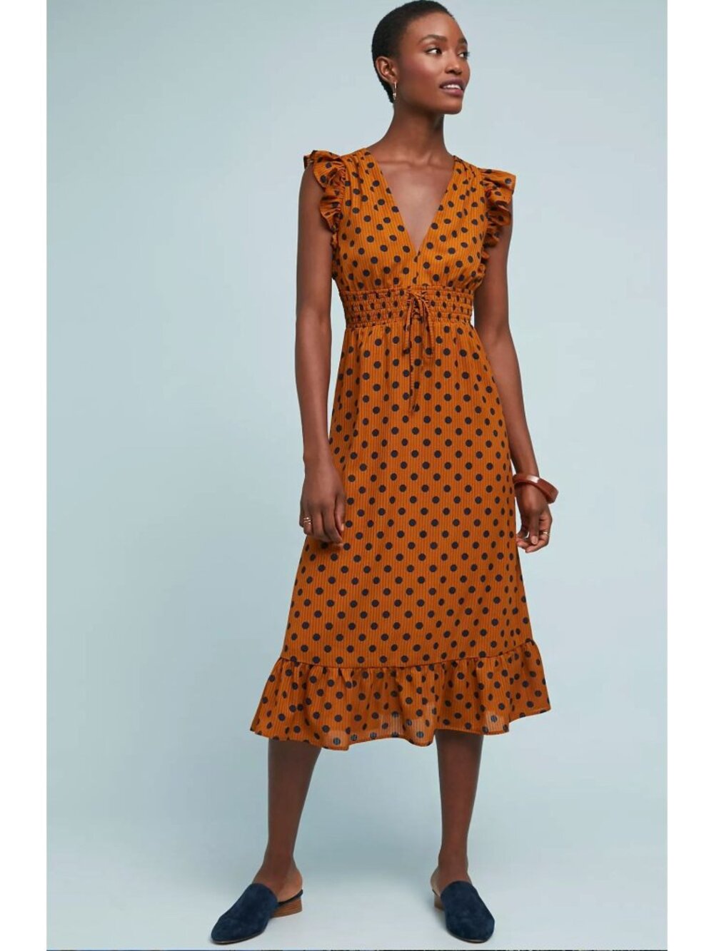 Anthropologie Rahi Cali Makeda Polka Dot Midi Dress Orange Terracotta Navy Small